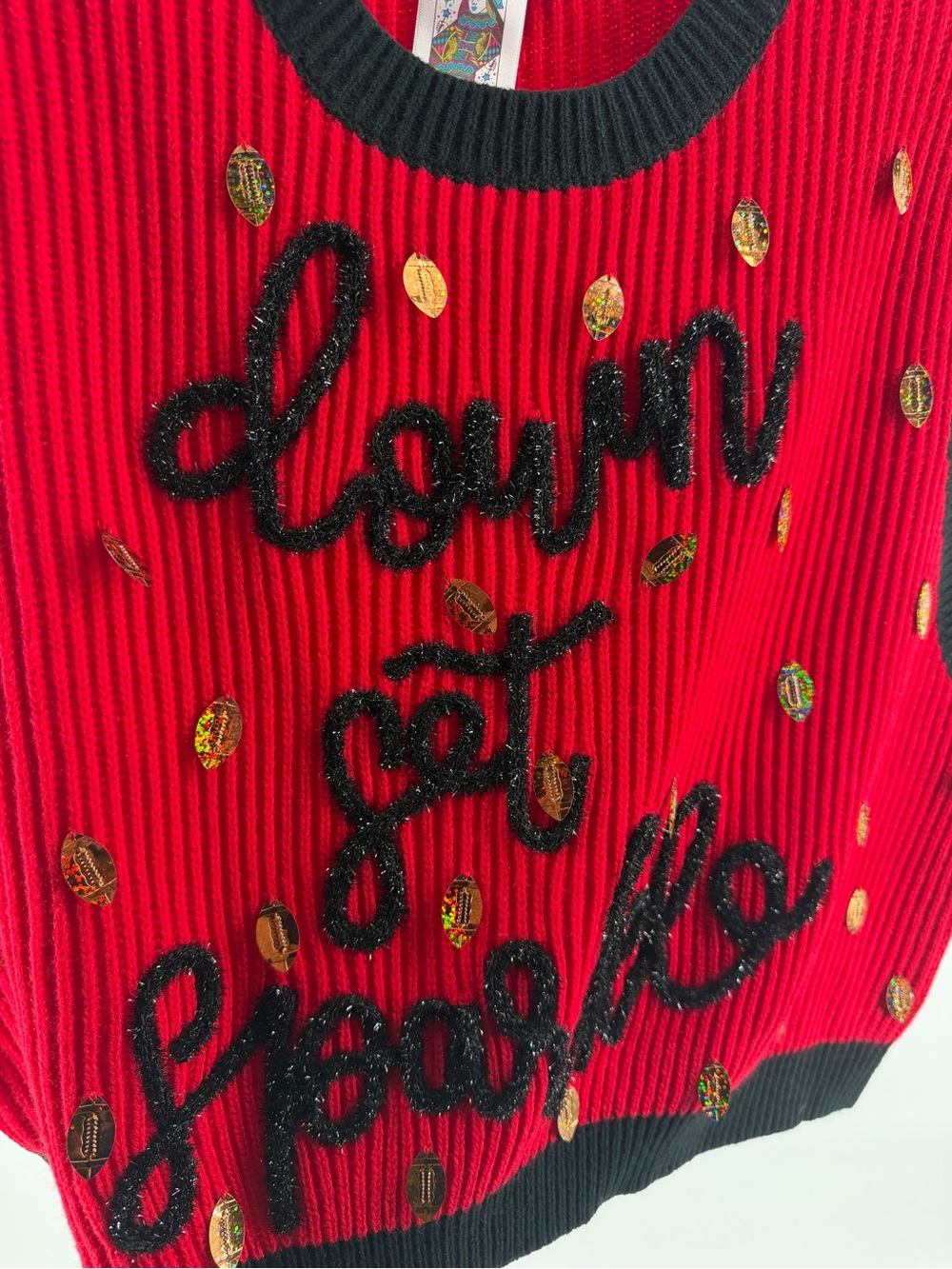 NWT Queen of Sparkle 'Down Set Sparkle' Sweater Vest Black Red Game Day Shirt - Picture 4 of 9